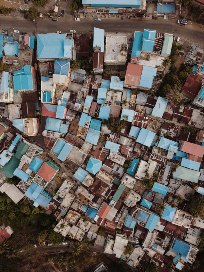 Drone shot capturing colorful rooftops of Port Blair, India.